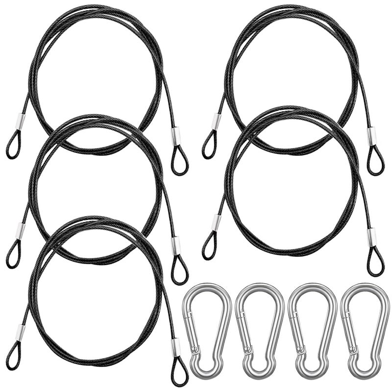 CKANDAY 5 Pack 40 Inch(100cm) Stainless Steel Tethers with 4 Pcs Spring Snap Hook Clips, Steel Wire Cable with Loops Vinyl Cover Coated Short Rope Lanyard Lock Tether Chains, Black - Image 1